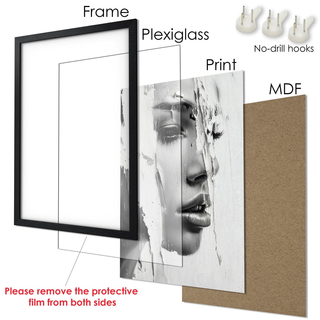 Framed Poster featuring a woman's face in a modern, abstract style. Black and white color palette for a sophisticated look.