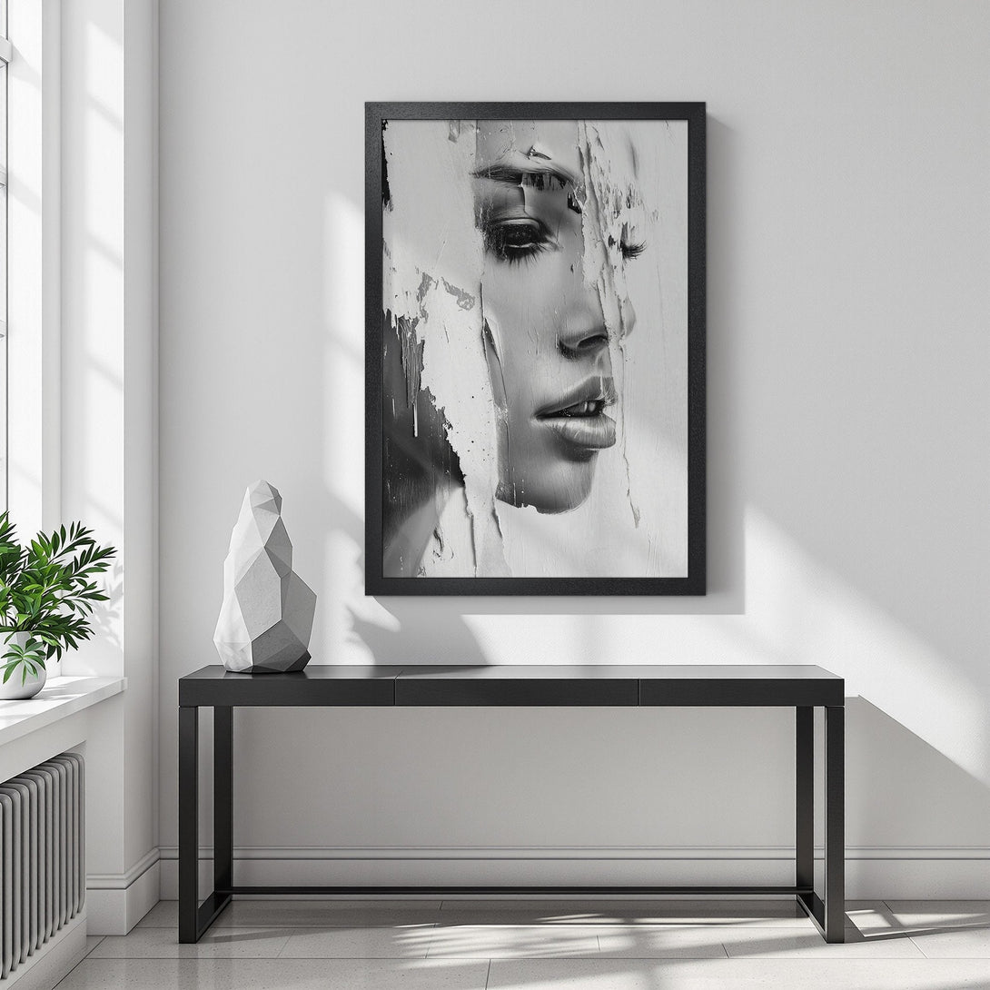 Framed Poster featuring a striking black and white abstract portrait. Modern art for your home decor.