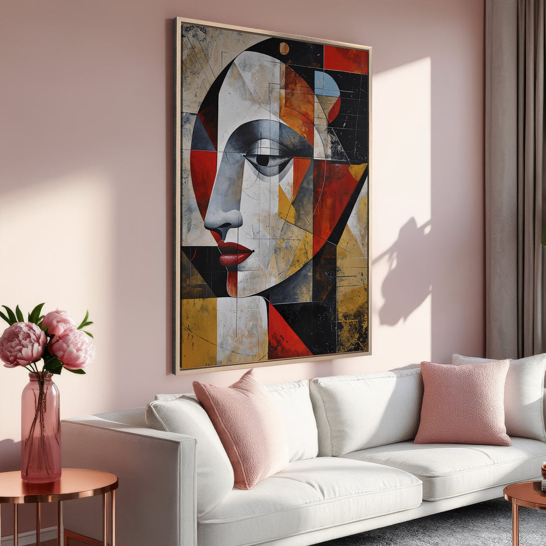 Framed Wall Art: Abstract face art in geometric style with red, black, and gold tones. Modern Canvas Print for living room decor.