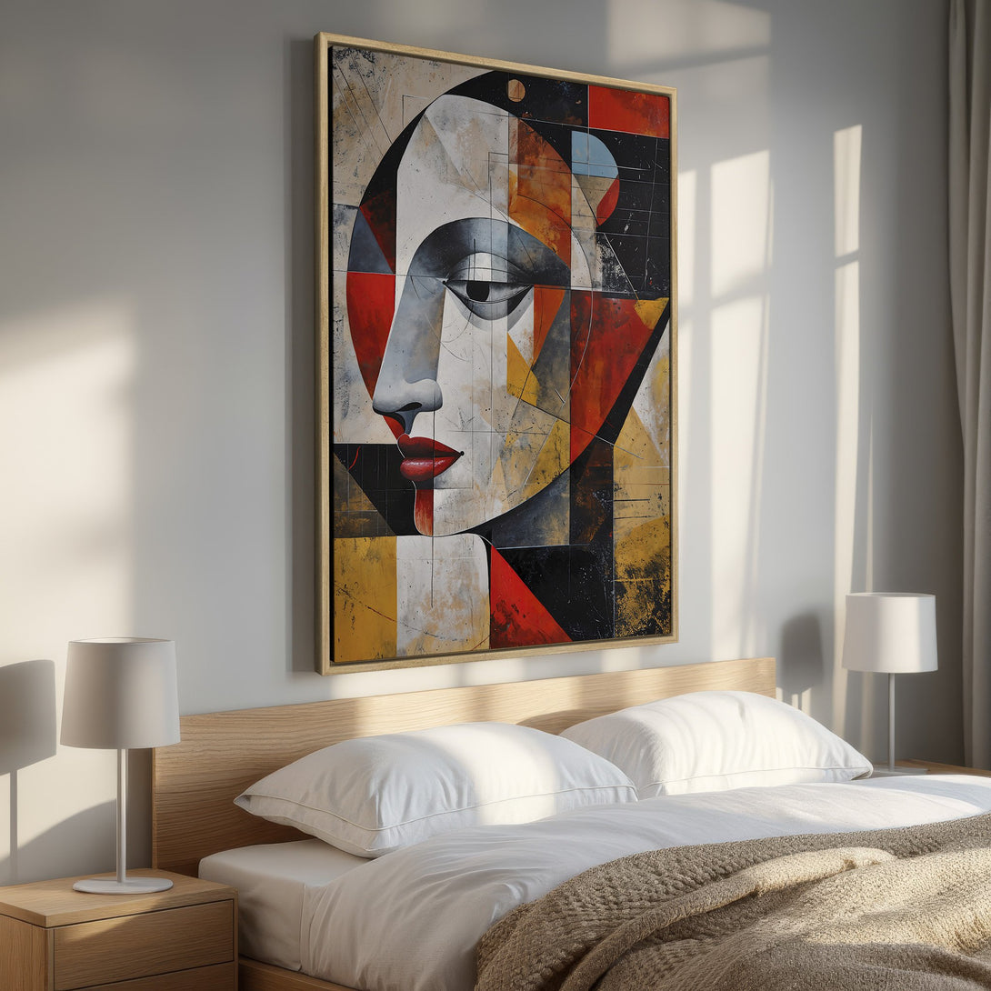 Framed Wall Art: Abstract face in cubist style. Bold red, black, and gold color palette. Perfect for modern bedroom decor. Elevate your space today!