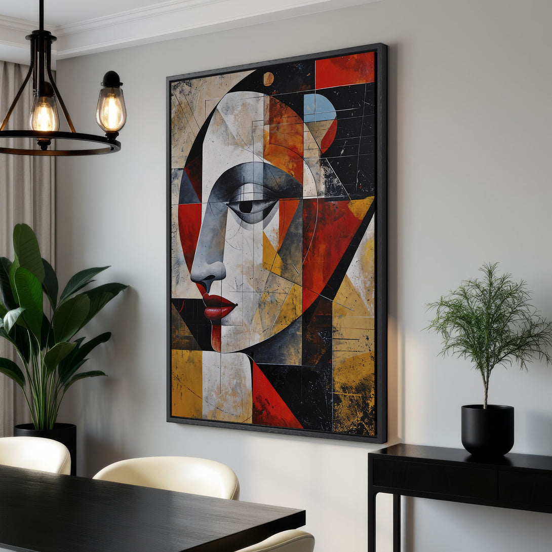 Framed Wall Art: Abstract face portrait in cubist style. Bold red, black, and gold color palette. Modern art for home decor.