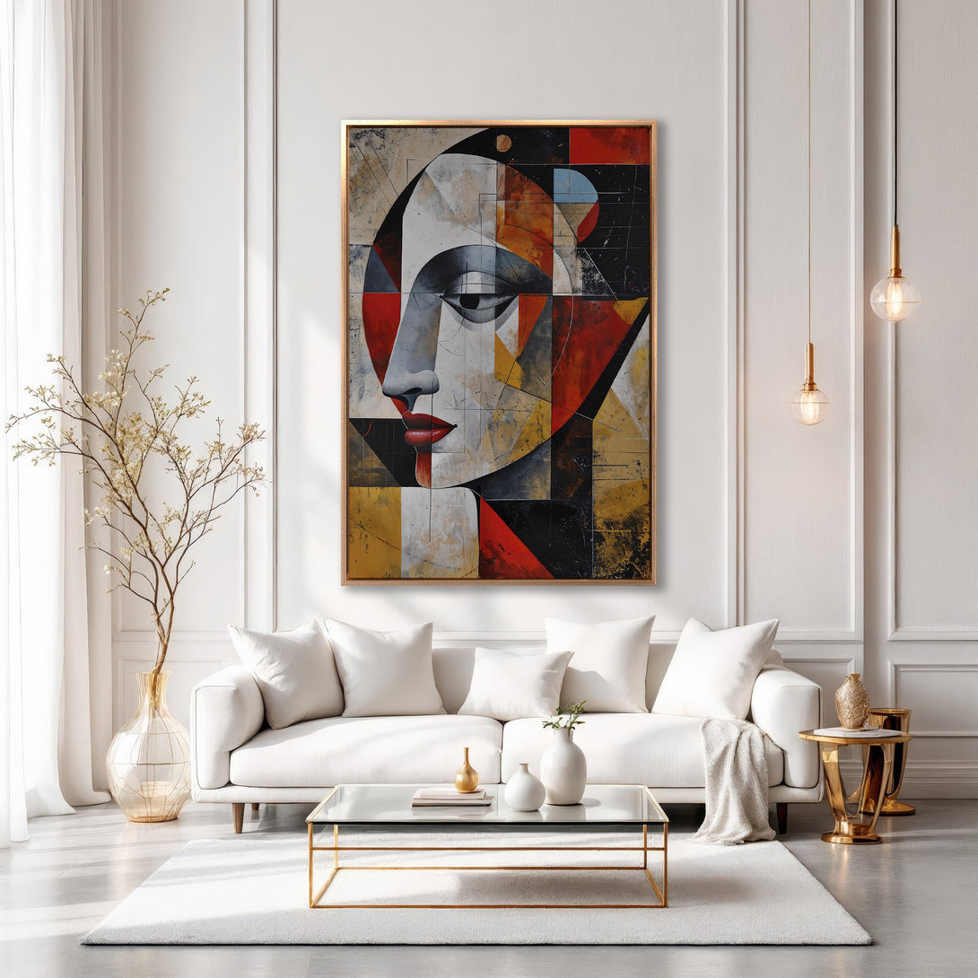 Framed Wall Art: Abstract face art print in a modern interior. Features a geometric style with red, gold, and black color palette. Elevate your space!