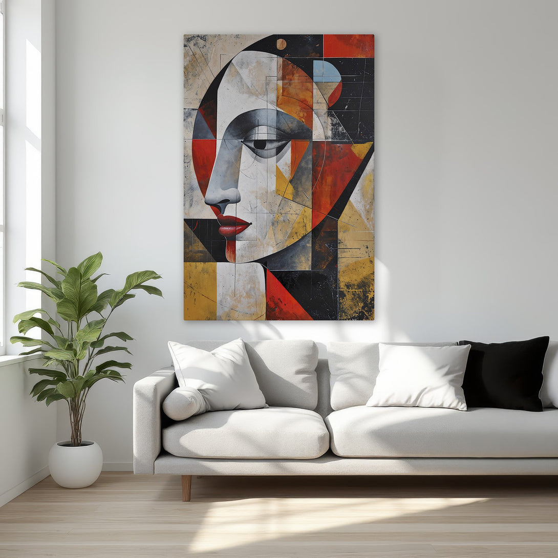 Framed Wall Art: Abstract face art in a modern style with red, black, and gold color palette. Perfect for bedroom decor.