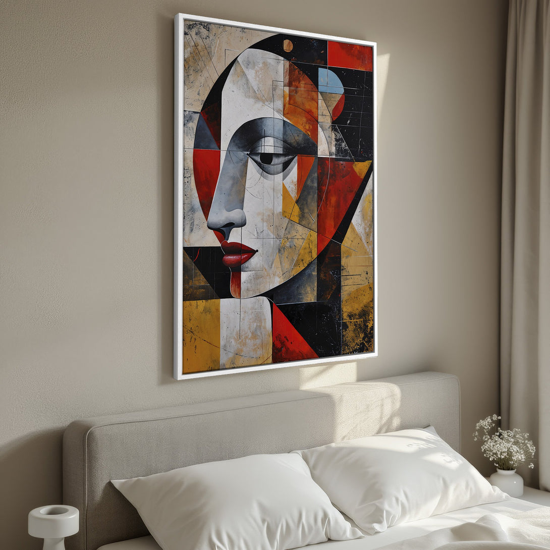 Framed Wall Art featuring a geometric face in abstract style with a bold red, black, and gold color palette. Elevate your space with this modern canvas print.
