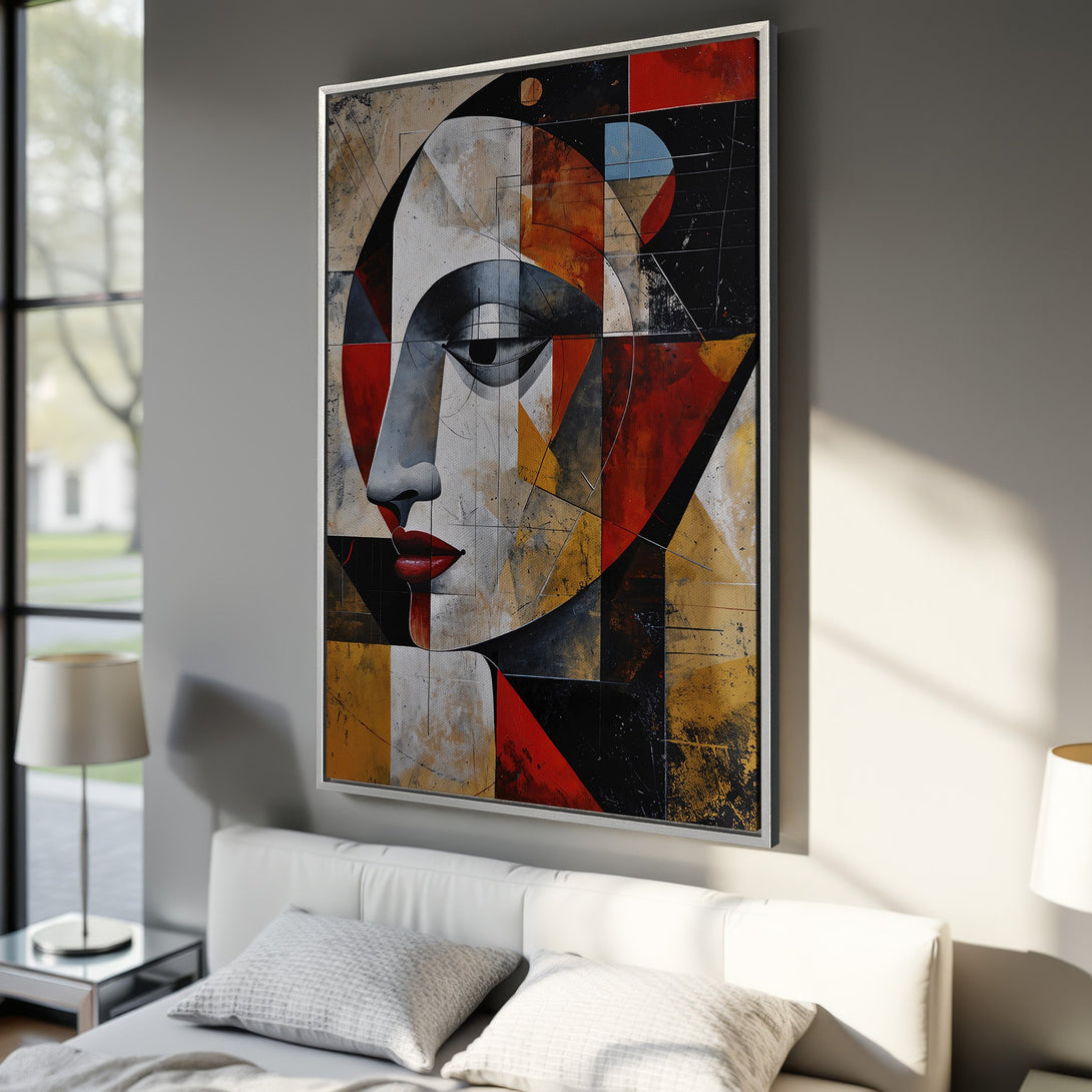 Framed Wall Art: Abstract face portrait in cubist style. Red, black, and gold color palette. Modern art canvas print for stylish home decor.