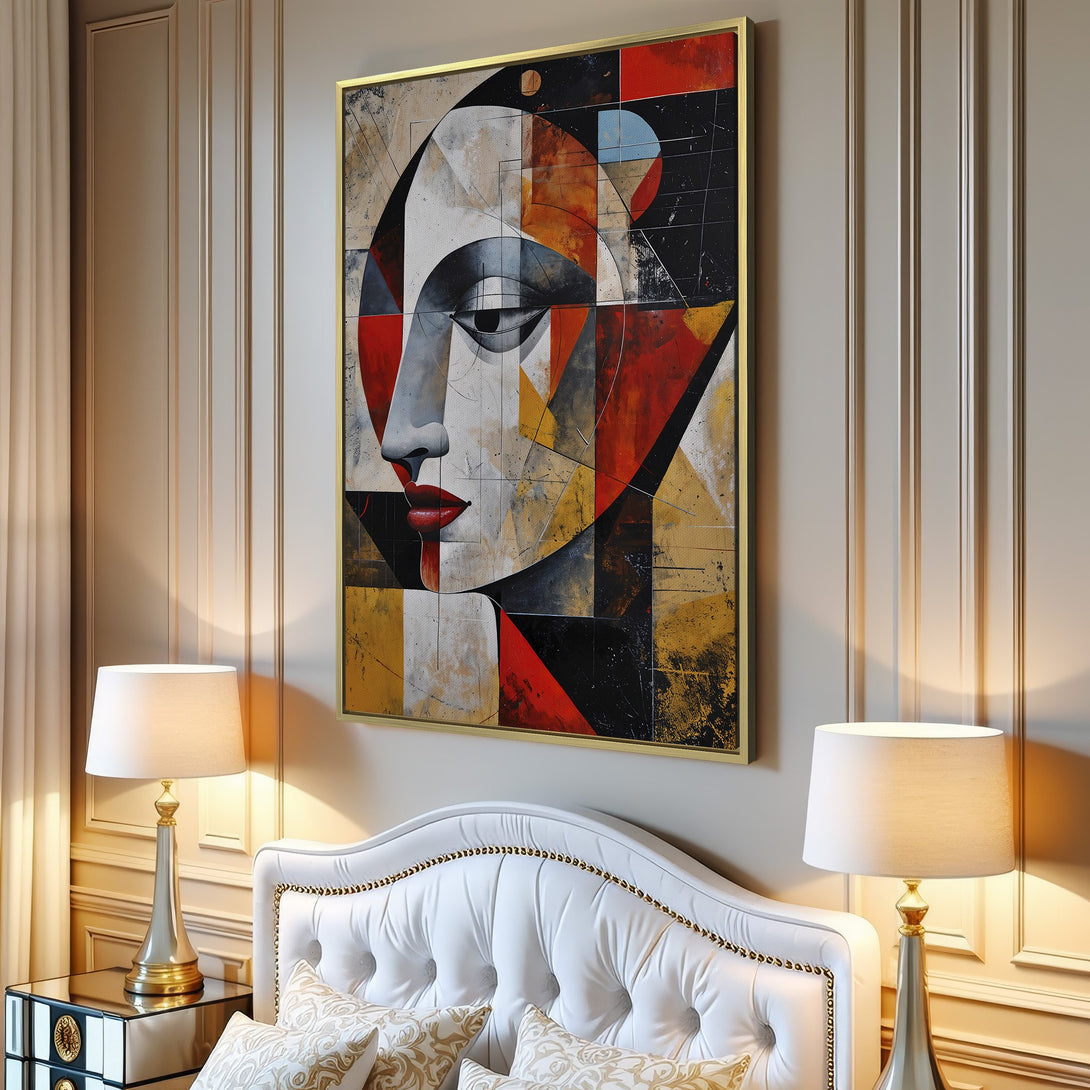 Canvas Print of an abstract face artwork in a modern interior. Features geometric shapes, red, yellow, and black color palette. Perfect wall art!