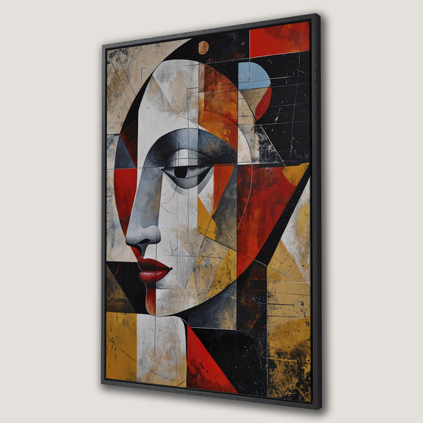 Framed Wall Art: Abstract portrait Canvas Print in cubist style with red, black, and gold color palette. Add a touch of modern art to your home!
