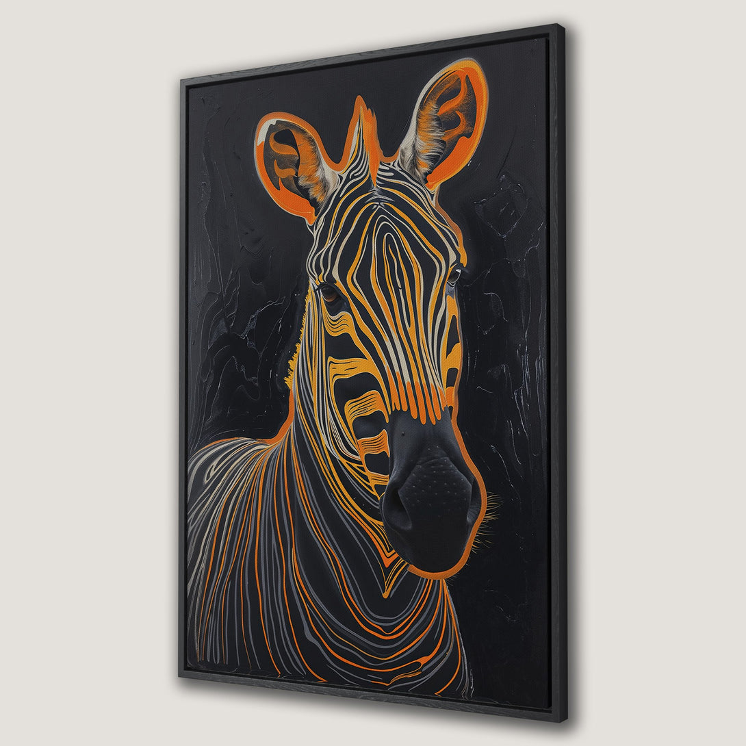 Framed Wall Art featuring a striking zebra portrait in a modern, abstract style. Bold orange and black color palette. Perfect statement piece!