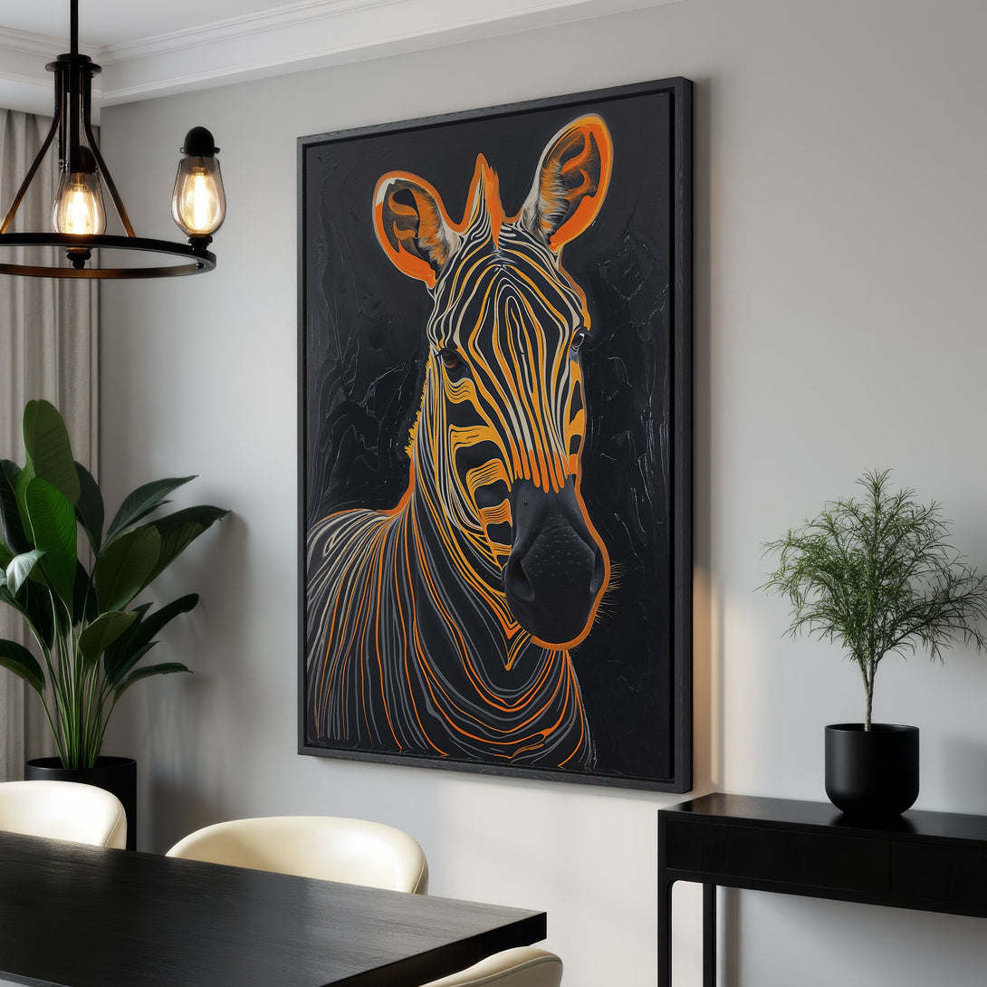Framed Wall Art: Modern zebra portrait in black, orange, and white. Stylish canvas print adds a bold statement to any interior. Shop now!