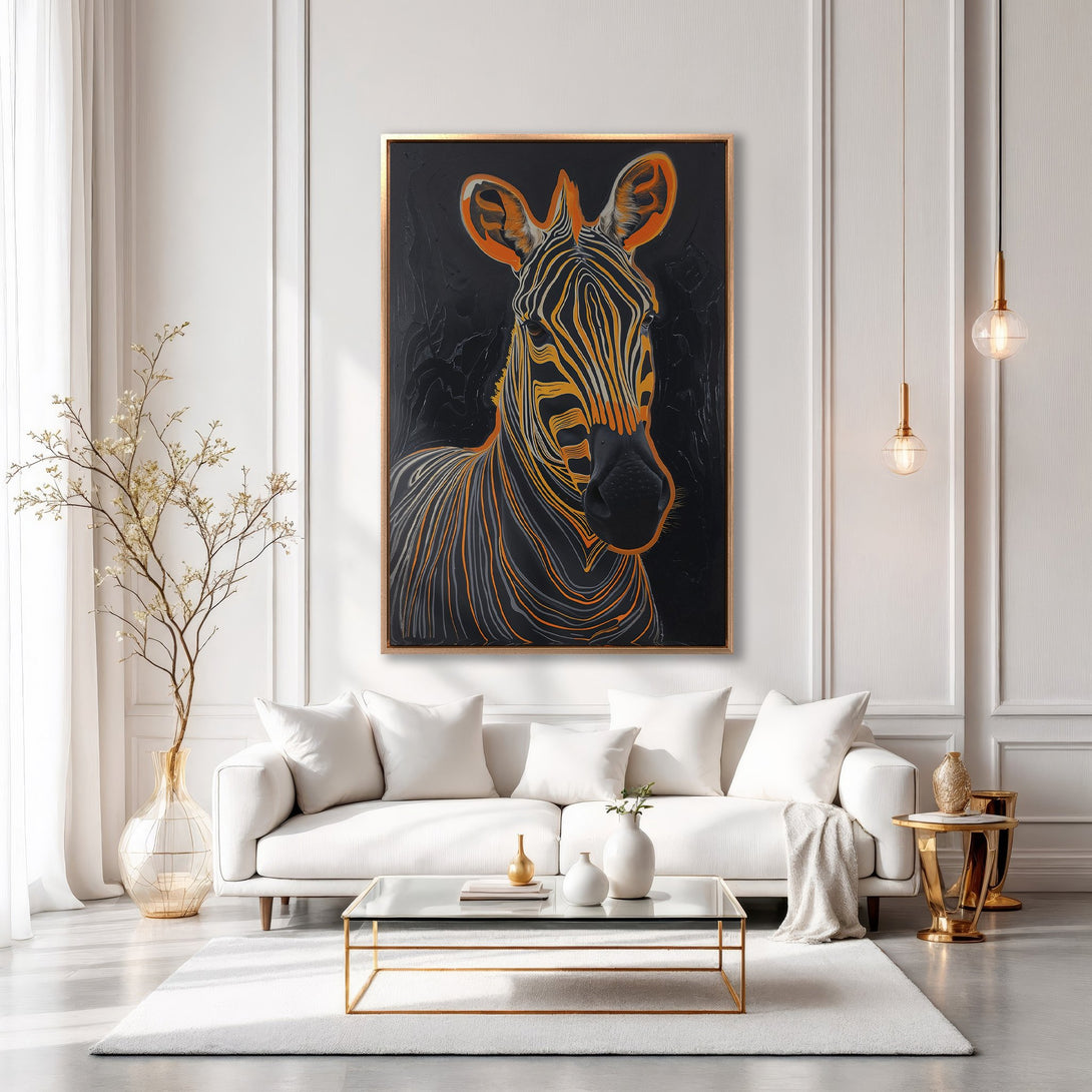Framed Wall Art: Modern zebra portrait in black, orange, and gold. Stylish canvas print adds a pop of color and sophistication to any interior.