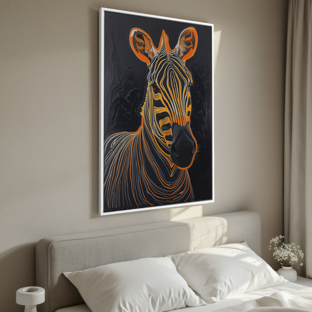 Framed Wall Art: Abstract zebra portrait in orange & black. Modern canvas print adds bold style to any room. Shop now for unique wall decor!