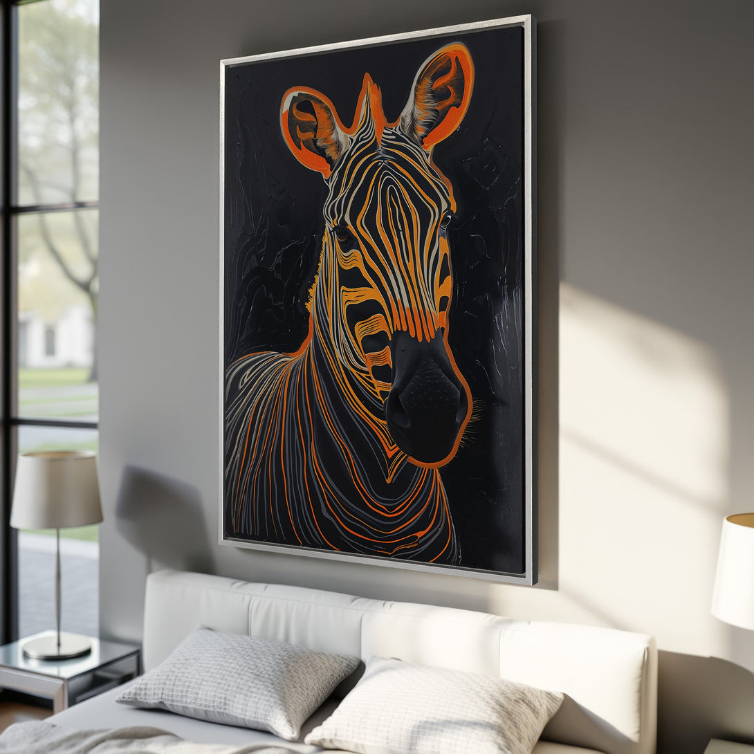 Framed Wall Art: Bold zebra portrait in orange and black. Modern, abstract style canvas print adds a striking focal point to any room. Shop now!