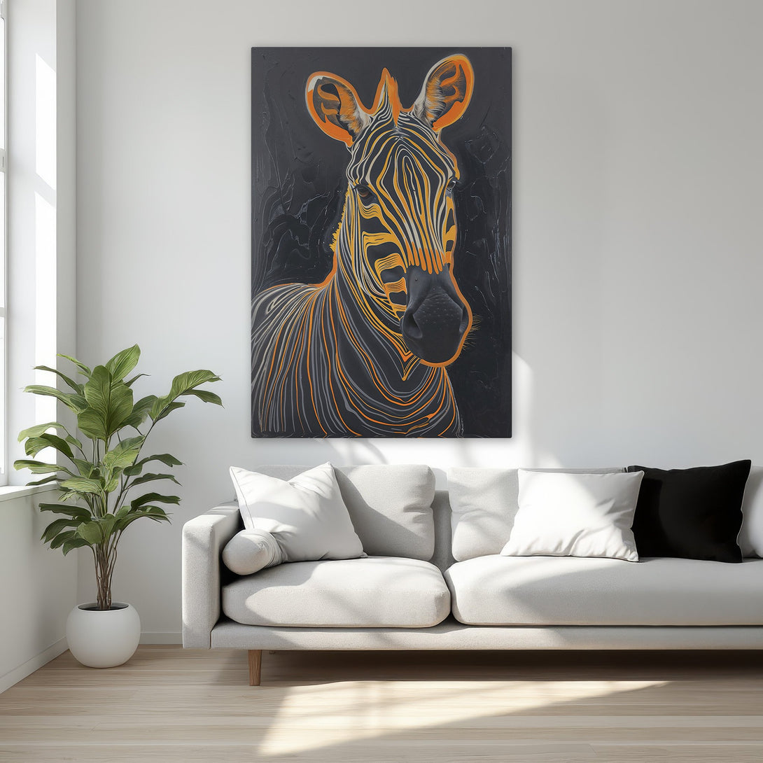 Framed Wall Art: Modern zebra portrait with orange and black color palette. Elevate your space with this striking canvas print!