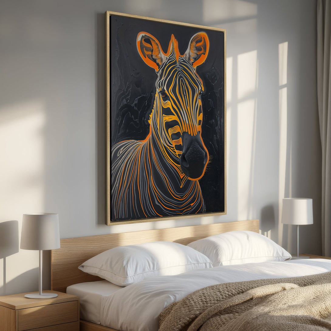 Framed Wall Art: Modern zebra portrait in black, orange, and gray. Stylish Canvas Print adds a bold statement to any interior. Shop now!