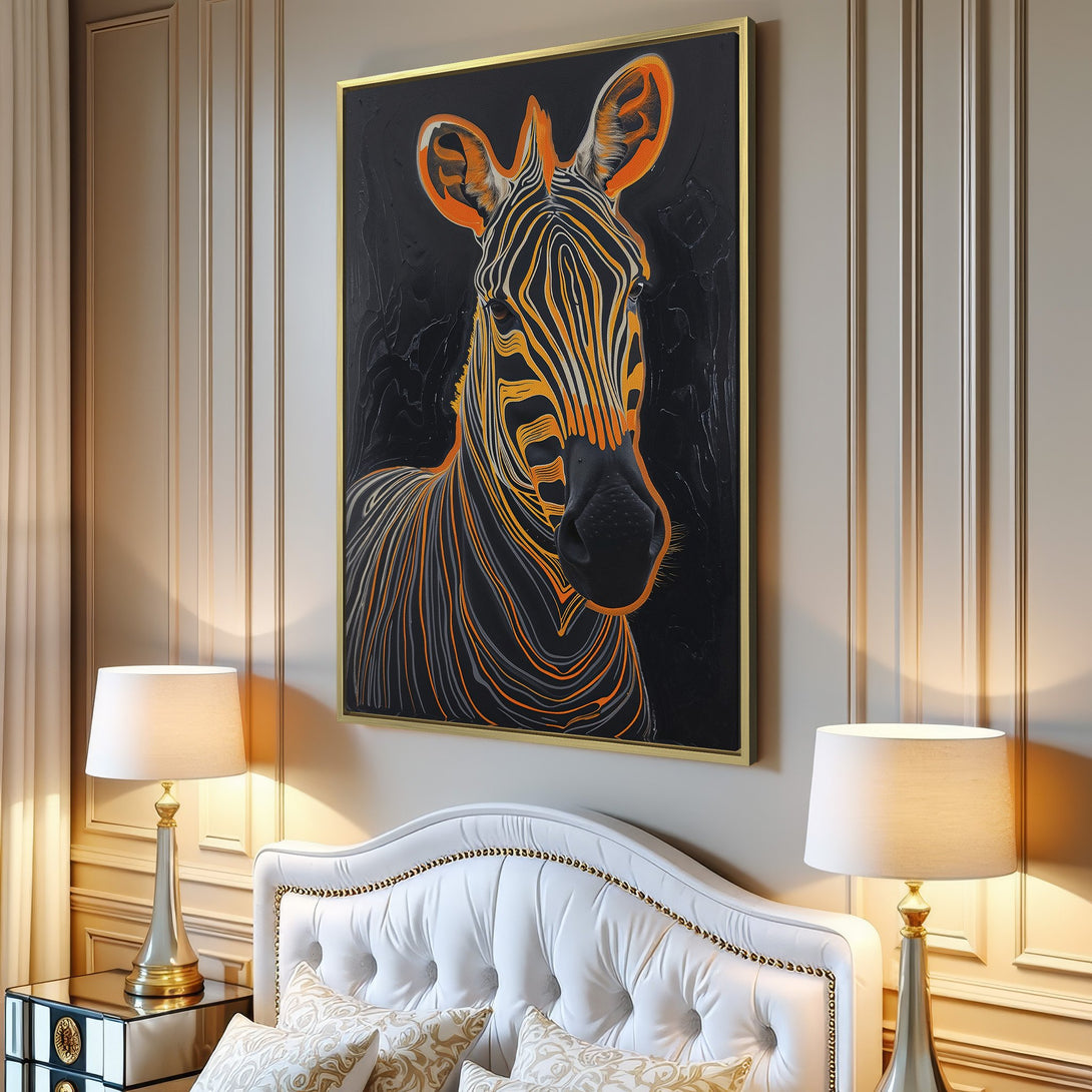 Canvas Print of a zebra in a modern style, featuring orange and black tones. Perfect wall art for a stylish living room.