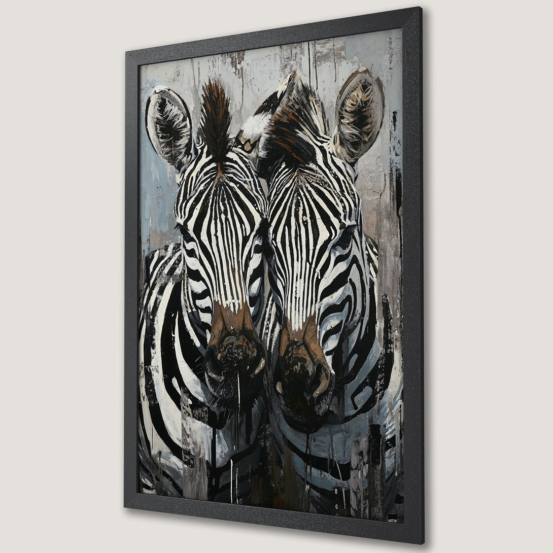 Framed Poster featuring a striking zebra painting in black, white, and gray. Modern art style, perfect for home decor.