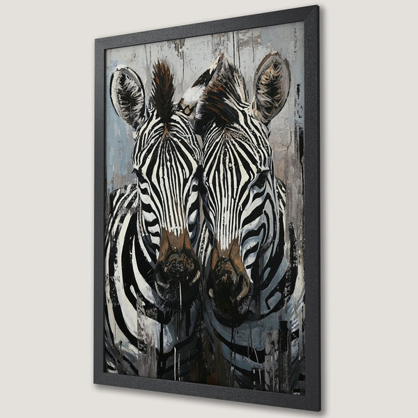 Framed Poster featuring a striking zebra painting in black, white, and gray. Modern art style, perfect for home decor.
