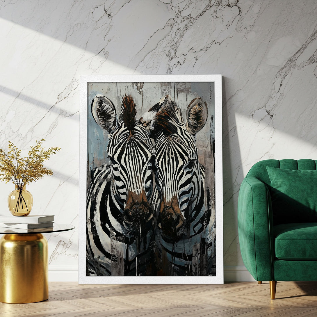 Framed Poster featuring a striking zebra portrait in black, white, and gray tones. Modern art style, perfect for home decor.