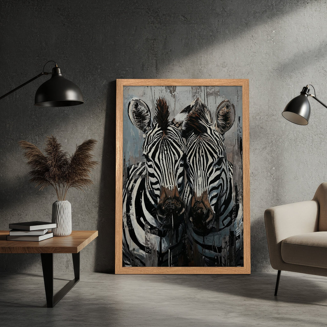 Framed Poster featuring a striking zebra portrait in black, white, and gray tones. Modern art print perfect for home decor.