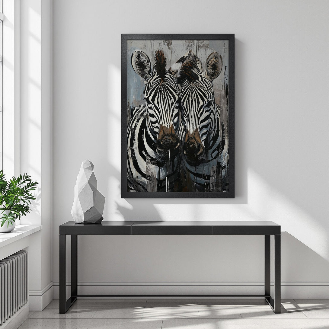 Framed Poster featuring two zebras, modern art style, black and white with grey accents. Perfect wall decor!