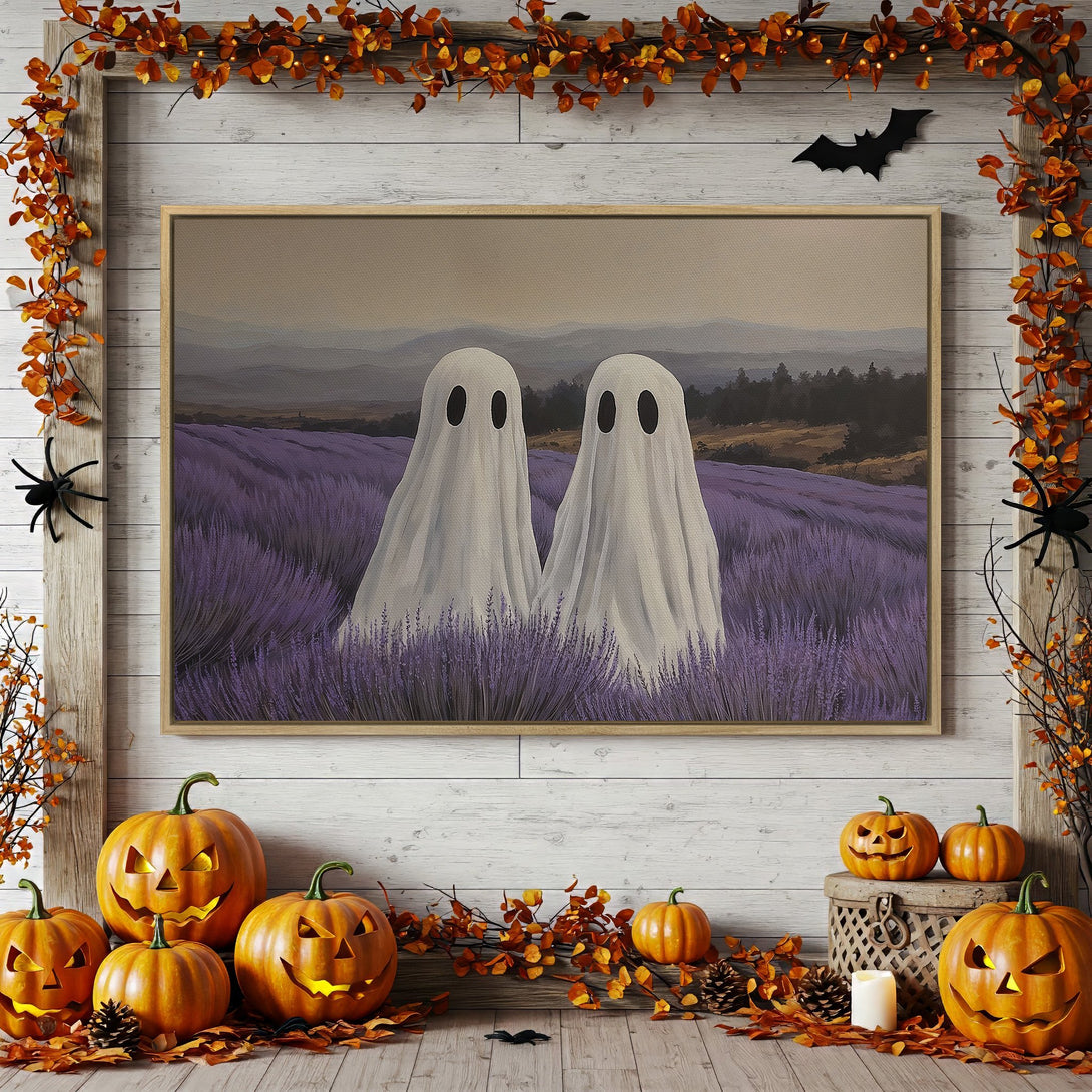 Canvas Print featuring two friendly ghosts in a lavender field. Halloween wall art with a purple, white, and orange color palette.