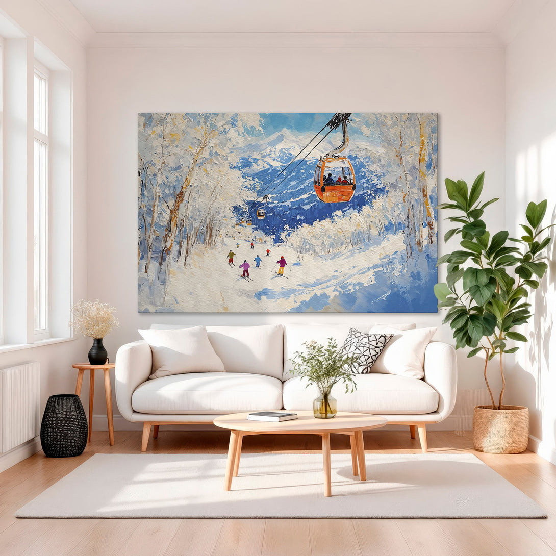 Framed Wall Art: Ski resort scene in a vibrant blue and white palette. Modern impressionist style canvas print adds a touch of elegance to any interior.