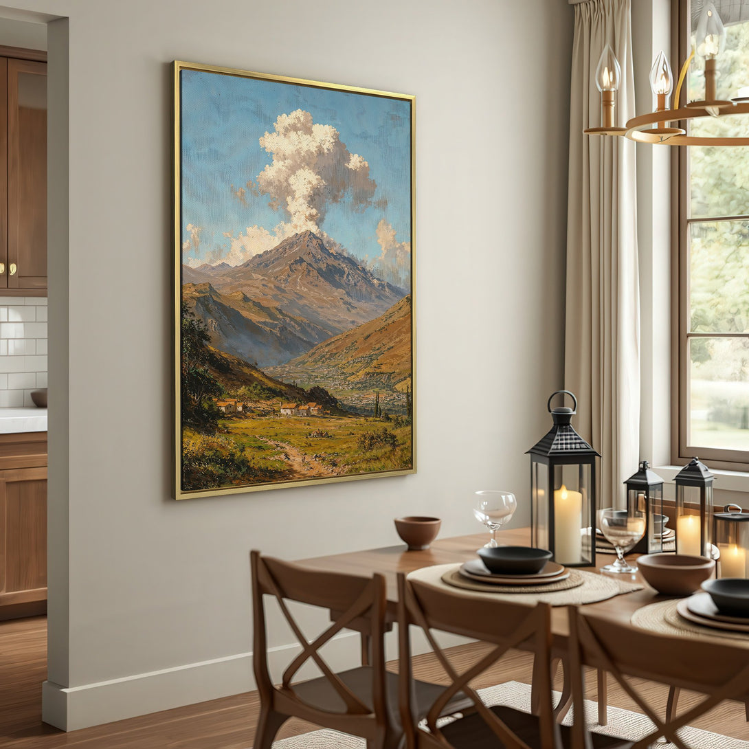 Canvas Print of a mountain landscape painting in warm earth tones and blue sky. Rustic decor.