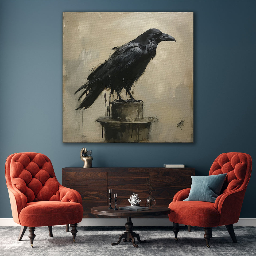 Framed Wall Art: Dramatic black raven canvas print with neutral color palette. Perfect for modern living room decor. Shop now!