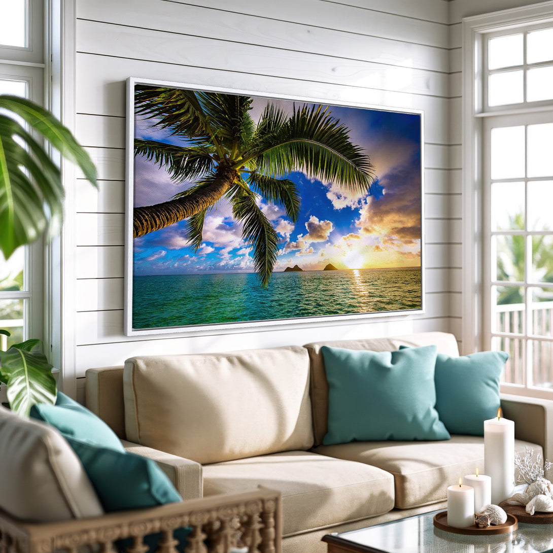 Framed Wall Art: Tropical beach scene Canvas Print with palm tree, blue & green ocean, and sunset colors. Perfect coastal decor for your home.