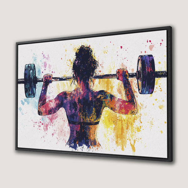 Framed Wall Art: Watercolor Canvas Print of a weightlifter. Vibrant, colorful artwork with a rainbow palette. Perfect for gym decor or fitness enthusiasts.