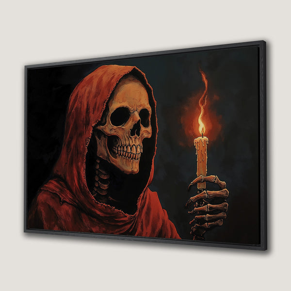 Framed Wall Art: Grim reaper with candle, dark and moody art. Gothic style Canvas Print with red, orange, and black color palette. Perfect for Halloween decor.