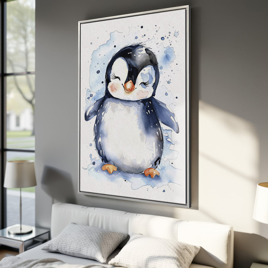Framed Wall Art: Watercolor penguin print in blue & white, perfect for kids' rooms. Charming animal art to brighten any space.