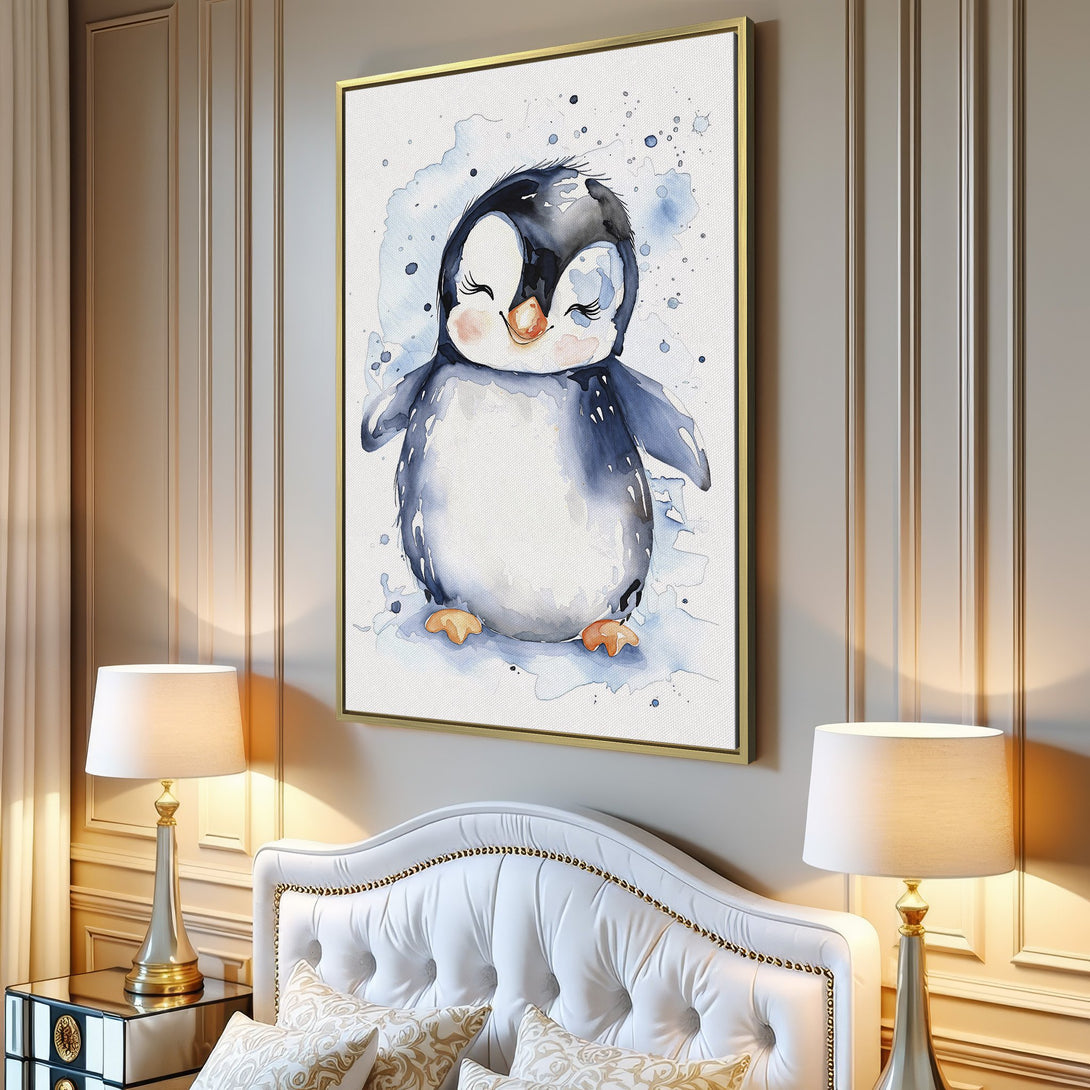 Canvas Print of a cute watercolor penguin, blue and white color palette, perfect for nursery or kids' room decor.