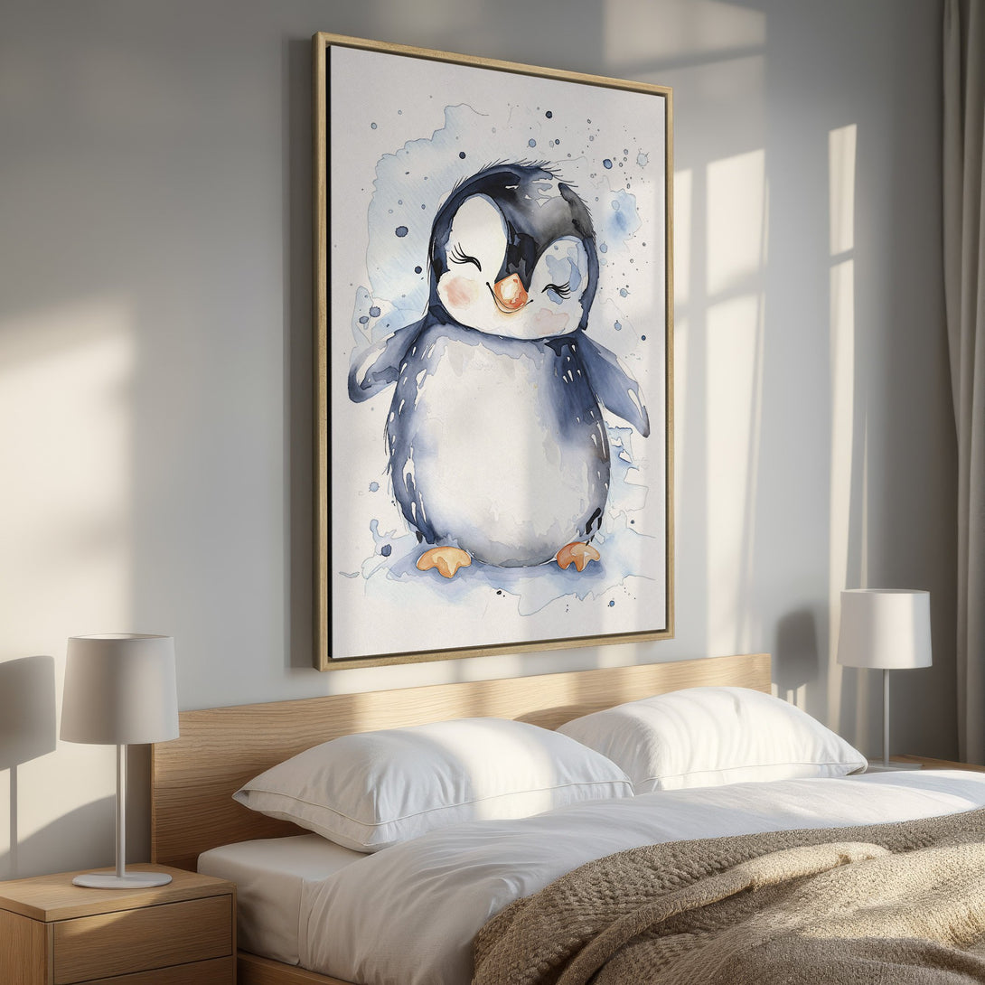 Framed Wall Art of a watercolor penguin in blue and gray tones, perfect for a nursery or kids' room. Adds a touch of whimsy and charm.