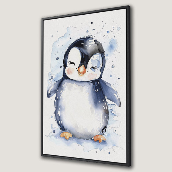 Framed Wall Art featuring a charming watercolor penguin in a blue and white palette. Perfect for nurseries or kids' rooms. Add a touch of whimsy!