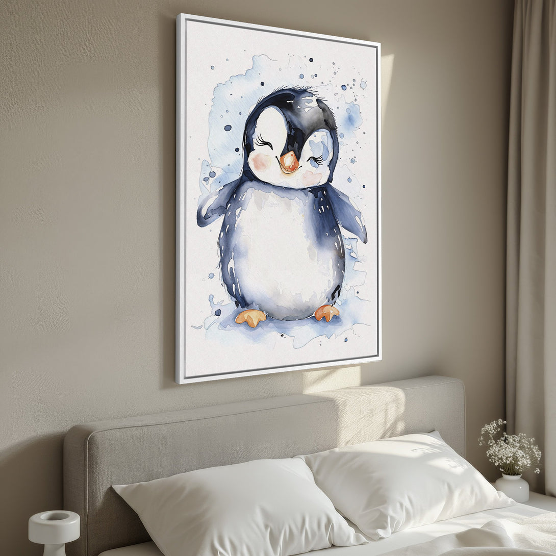 Framed Wall Art featuring a cute watercolor penguin with a blue and white color palette, perfect for a nursery or kids room.