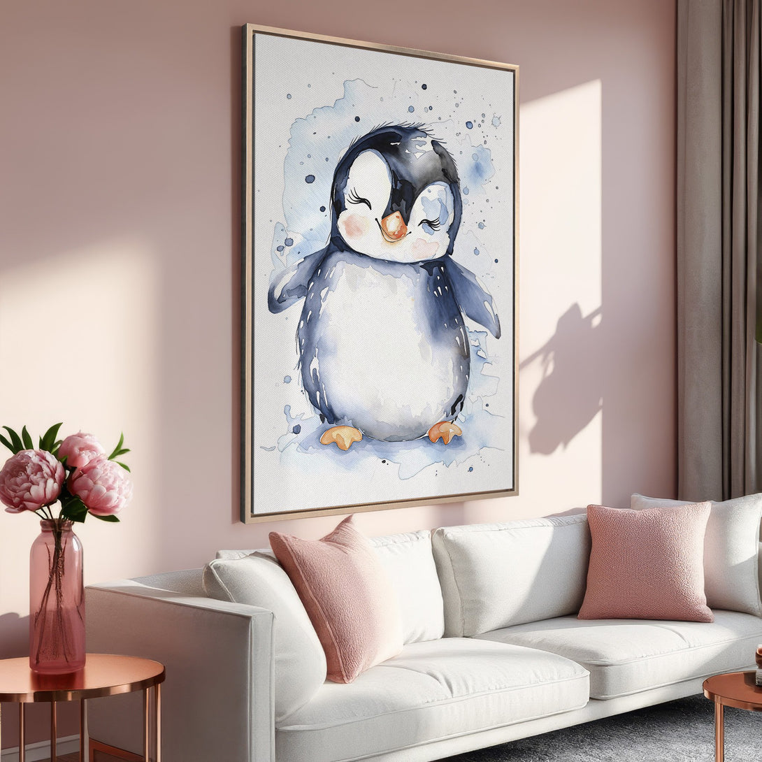 Framed Wall Art: Adorable watercolor penguin print in blue and white. Perfect for nursery or kids' room. Soft pink and neutral color palette.