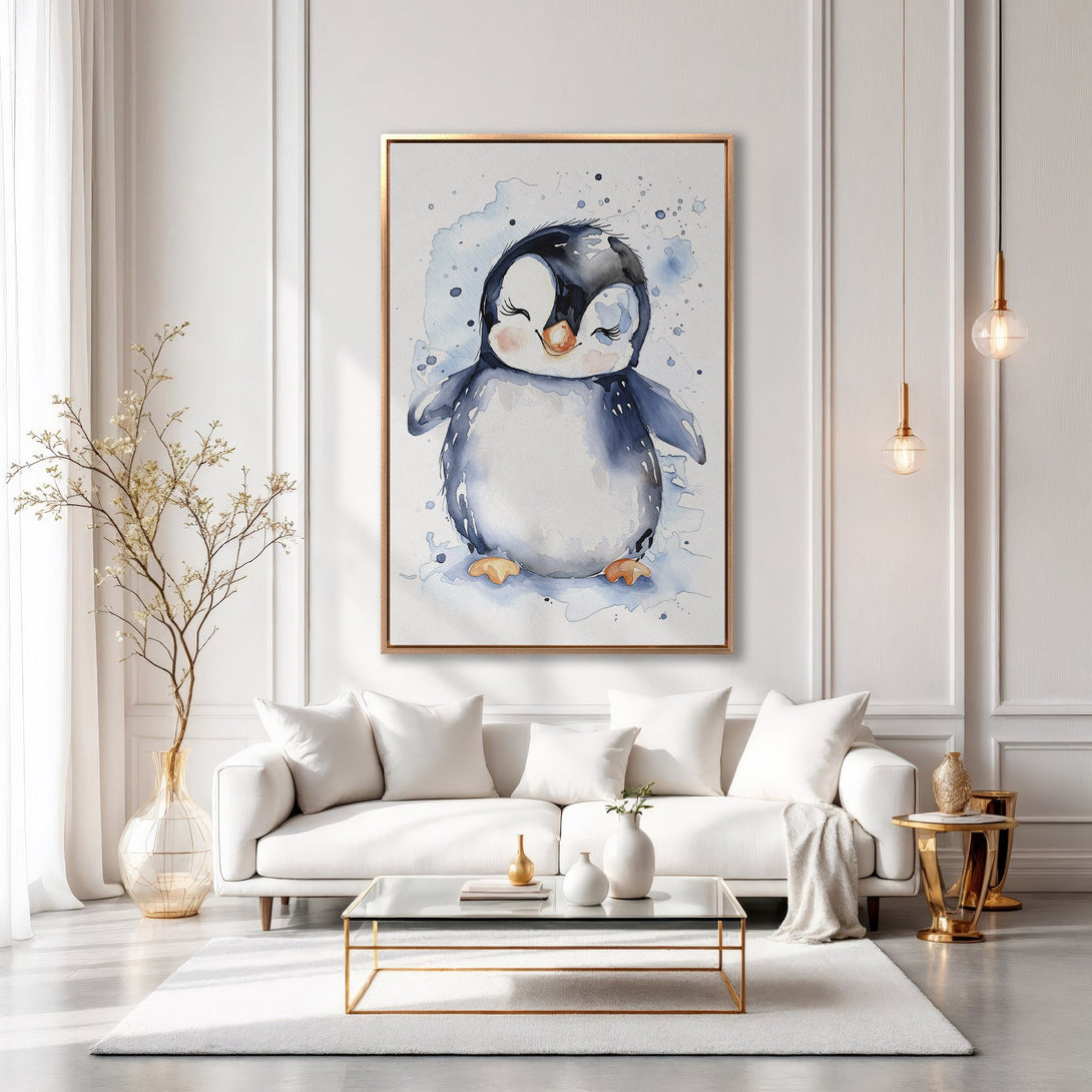 Framed Wall Art featuring a charming watercolor penguin in blue and white. Perfect for kids' rooms or adding a touch of whimsy to any space.