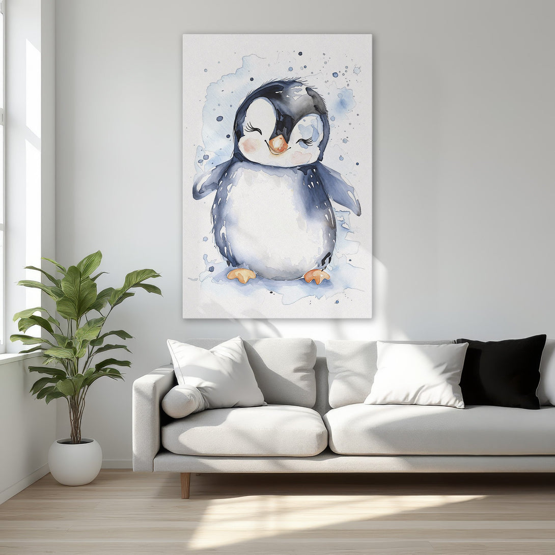 Framed Wall Art featuring a cute watercolor penguin in blue and white. Perfect for nurseries or kids' rooms. Add charm to your space!