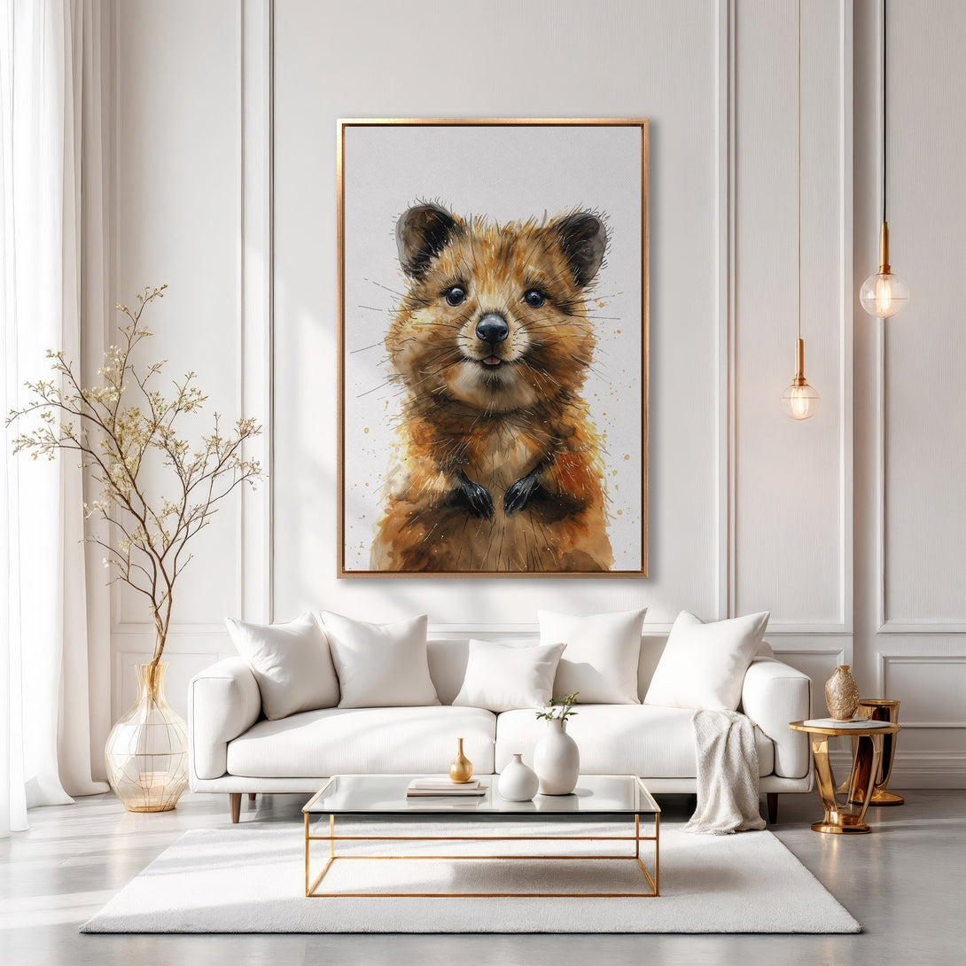 Framed Wall Art: Watercolor quokka portrait in warm brown tones. Stylish animal art for modern home decor. Perfect for living rooms and bedrooms.