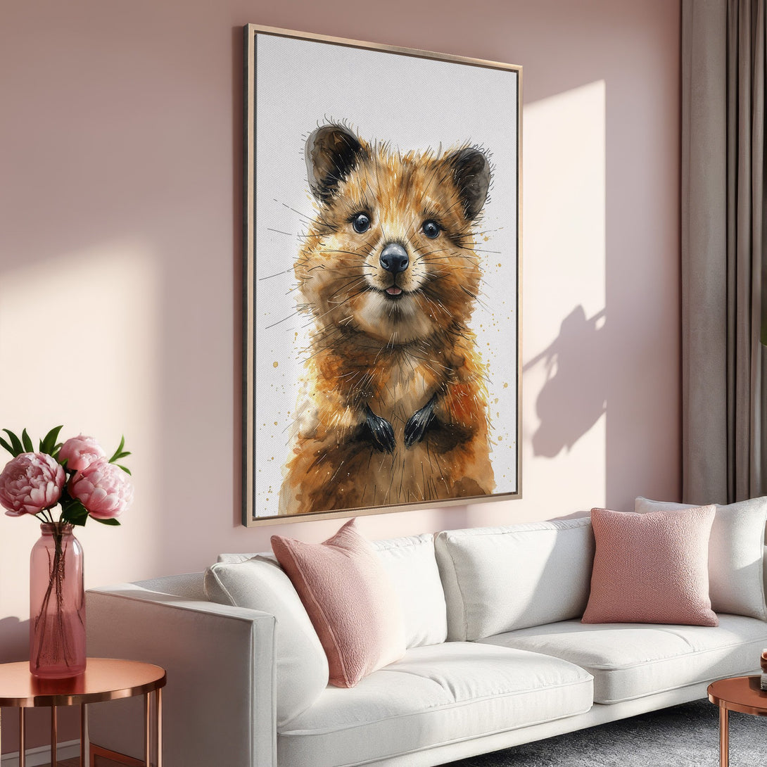 Framed Wall Art featuring a charming watercolor quokka. Warm, earthy tones and soft pink accents create a cozy, inviting aesthetic for any space.