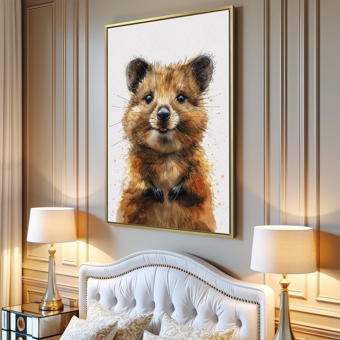 Canvas Print featuring a charming watercolor quokka in warm brown tones. Perfect wall art for a cozy living room.
