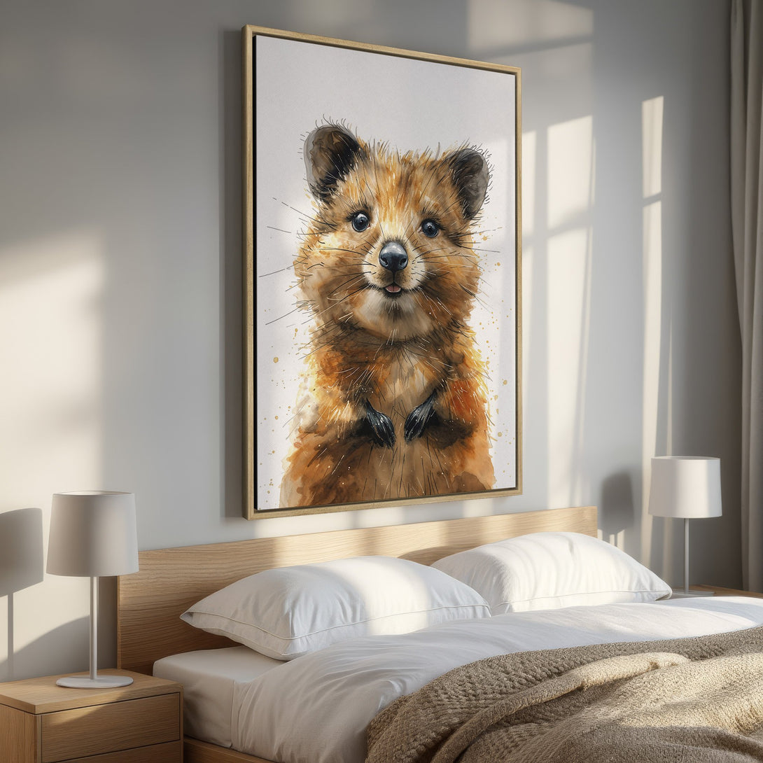Framed Wall Art: Watercolor quokka print in warm brown tones. Perfect bedroom decor! Adds a touch of whimsy and charm to any space. Shop now!