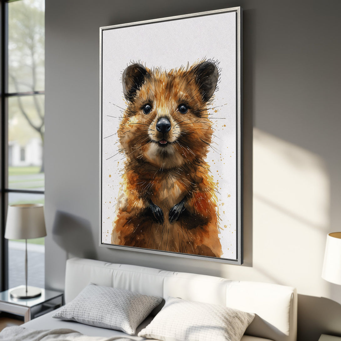 Framed Wall Art featuring a charming quokka in watercolor style. Earthy brown and gold tones create a warm, inviting aesthetic for any room.
