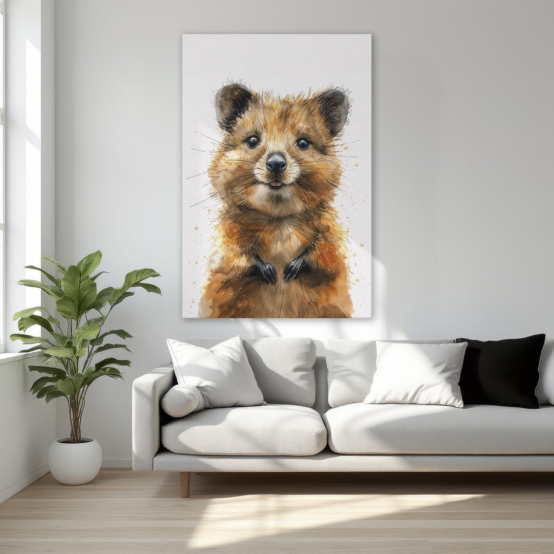Framed Wall Art featuring a charming watercolor quokka. Warm, earthy tones and a playful style make this canvas print a perfect home decor accent.