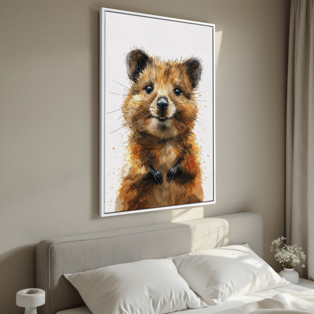Framed Wall Art: Watercolor quokka print in warm brown tones. Adds a touch of whimsy to any space! Shop now for unique wall decor.