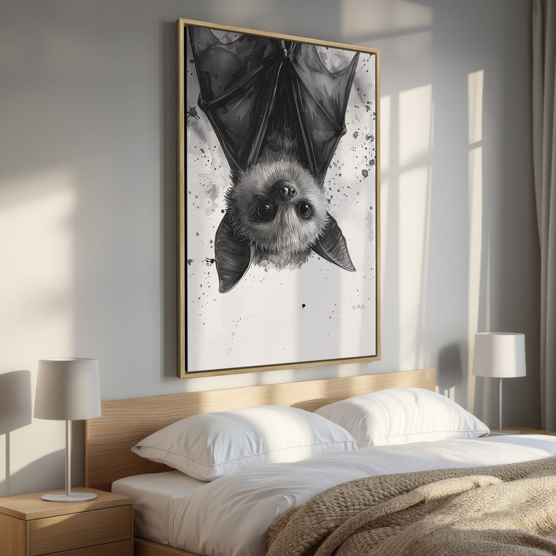 Framed Wall Art: Watercolor bat print in a bedroom. Black and white artwork with a neutral color palette. Modern wall decor for a stylish home.