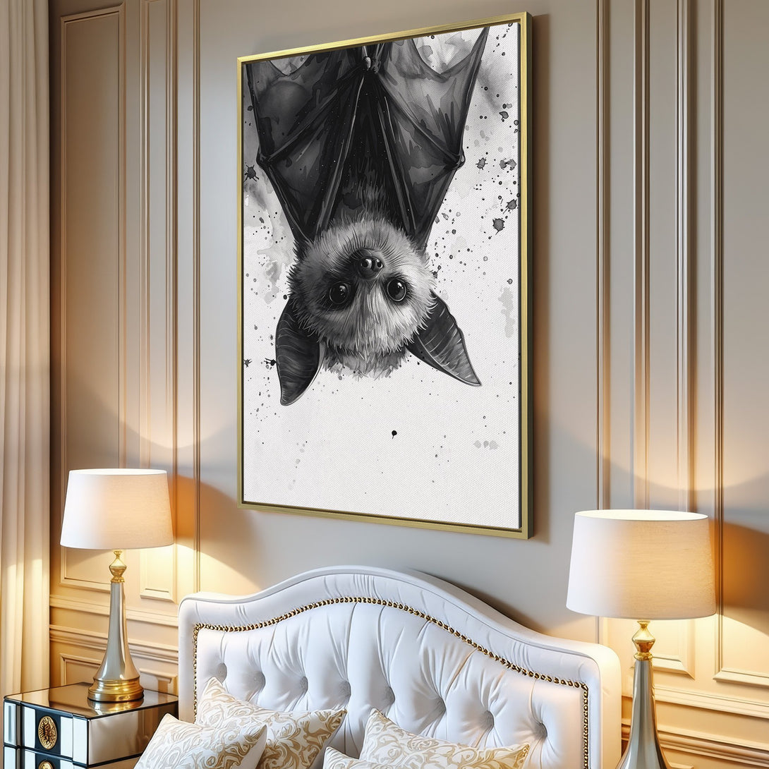 Canvas Print of a cute bat in watercolor style, monochrome color palette. Modern wall art for home decor.