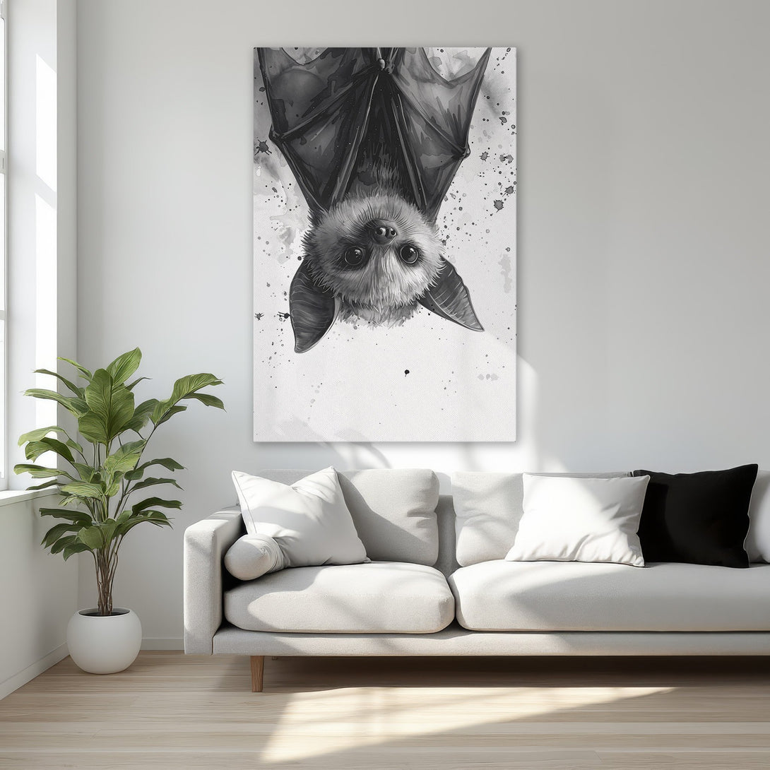 Framed Wall Art: Watercolor bat print in black and white, a unique addition to any bedroom decor. Modern art with a neutral color palette.