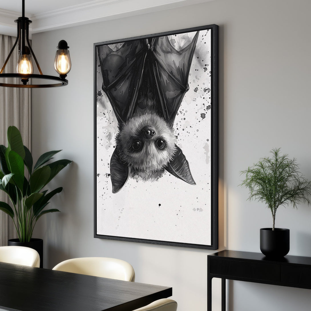 Framed Wall Art featuring a stylish black and white watercolor bat. Perfect for modern home decor. Add a touch of spooky elegance with this canvas print.